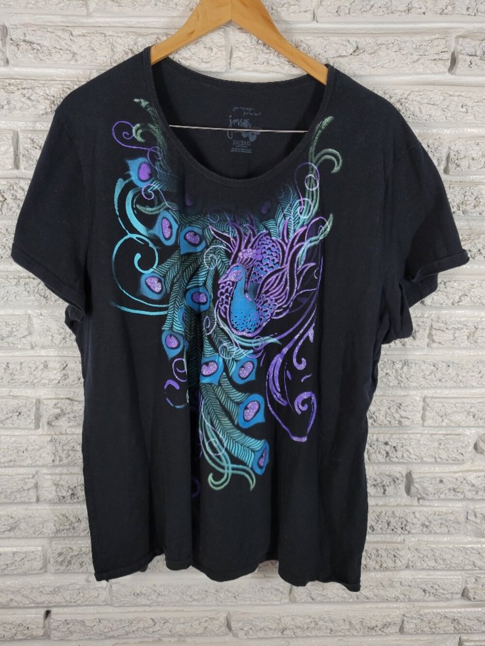 Just My Size 3X Black Tee Purple Peacock Glitter Cotton Crew NOV62E